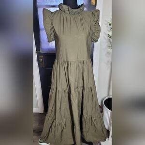 Chepe Ansaldo Made In Italy Olive Green 100% Cotton Tiered Maxi Dress XS